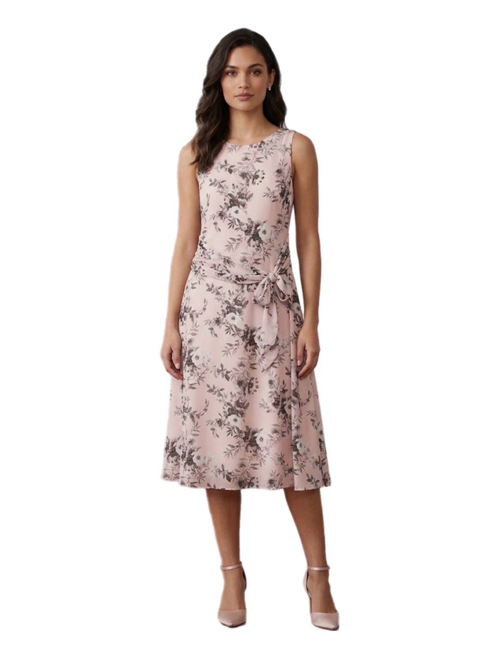 14 Plus Size Anne Klein Women’s Pink Floral Tie-Waist Sleeveless Midi Dress